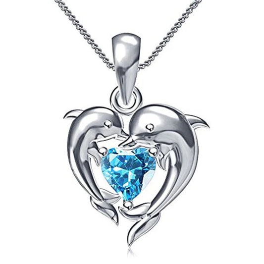 Playful Dolphins with a Blue Heart CZ